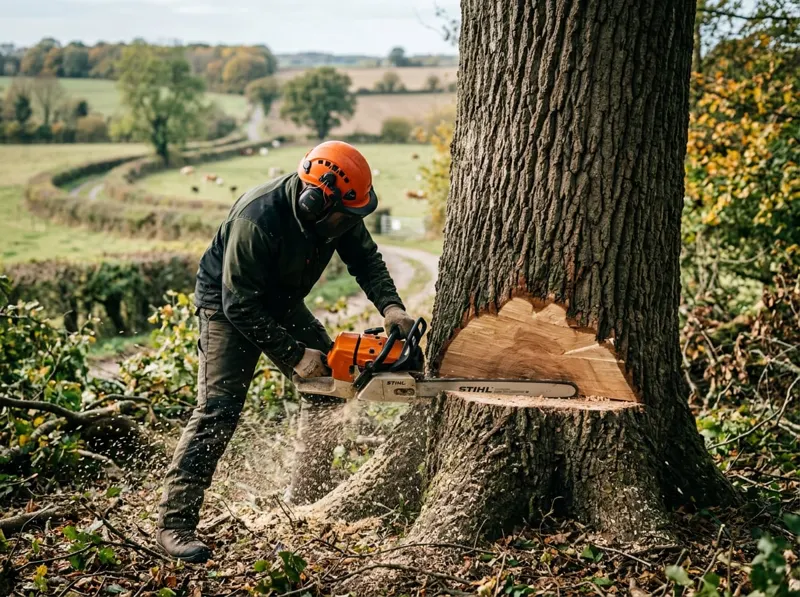 Bûcheron réalisant l’entaille d’abattage au pied d’un grand arbre