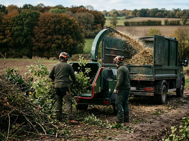 Branches coupées introduites dans un broyeur relié à un camion